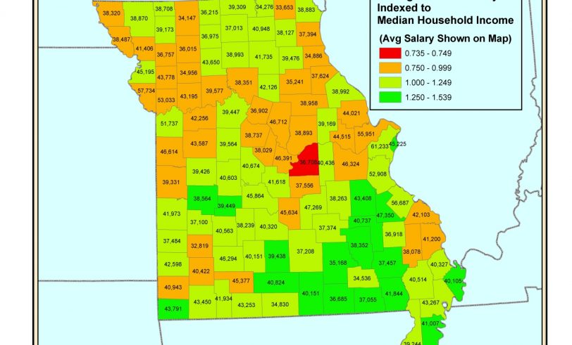 Map of Missouri teacher salaries by county